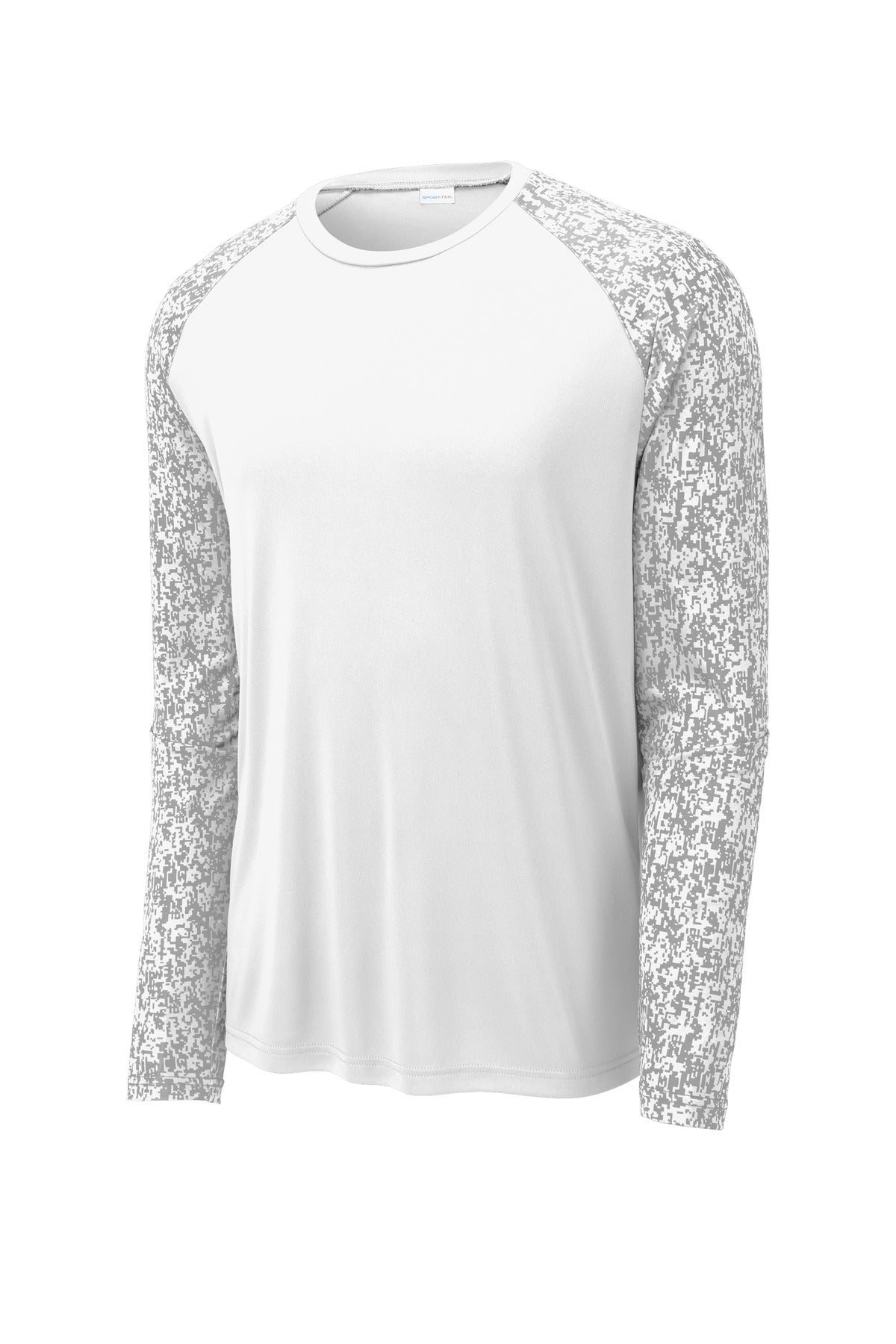 Front View of White Sport-Tek Long Sleeve Digi Camo Tee. ST460LS