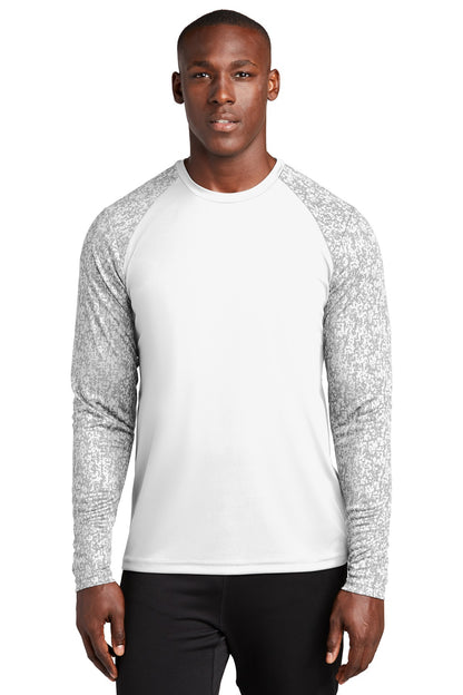 Front View of White Sport-Tek Long Sleeve Digi Camo Tee. ST460LS