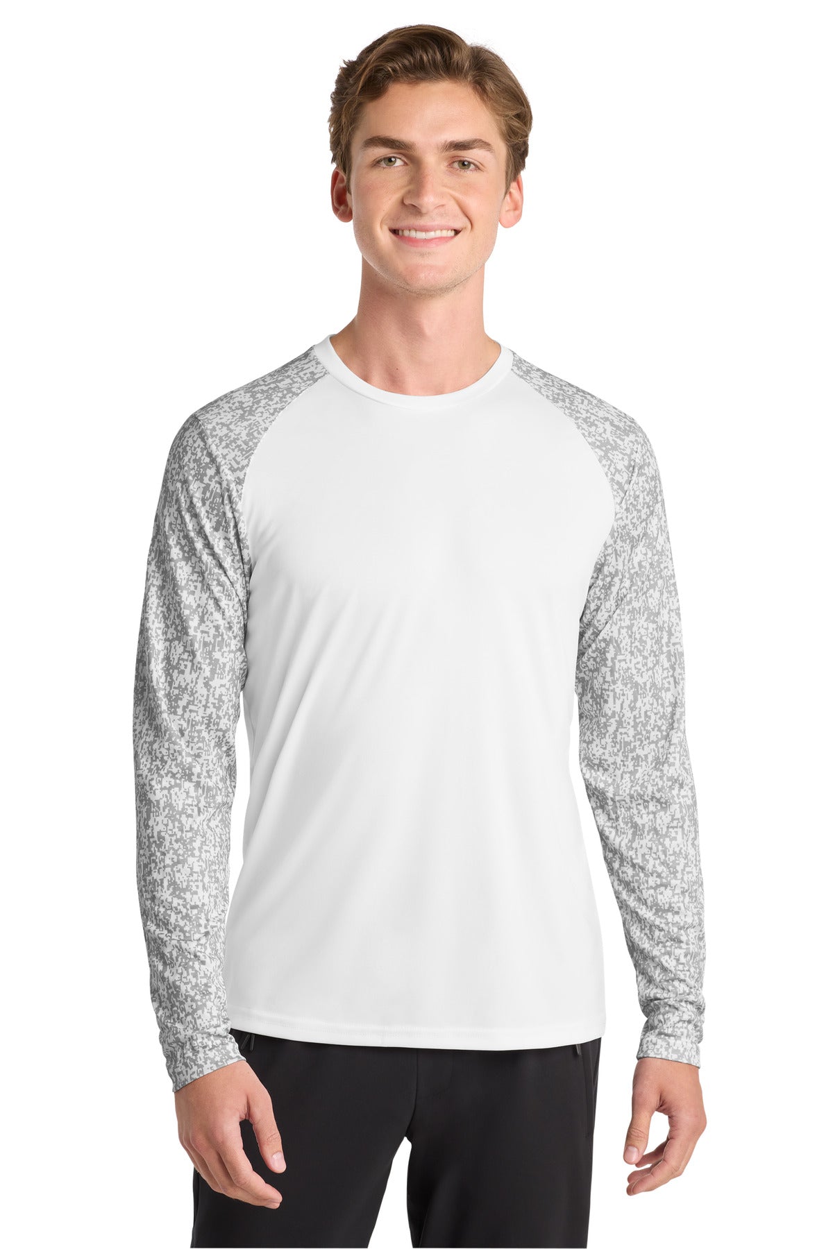Front View of White Sport-Tek Long Sleeve Digi Camo Tee. ST460LS