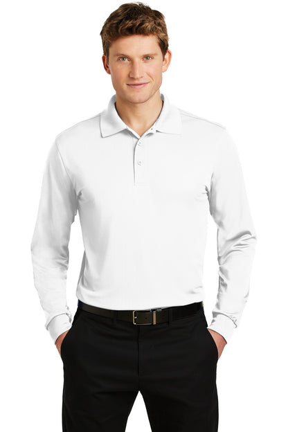Front View of White Sport-Tek Long Sleeve Micropique Sport-Wick Polo. ST657