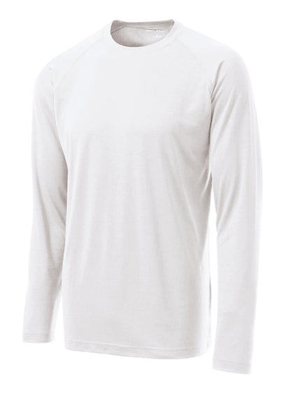 Front View of White Sport-Tek Long Sleeve Ultimate Performance Crew. ST700LS