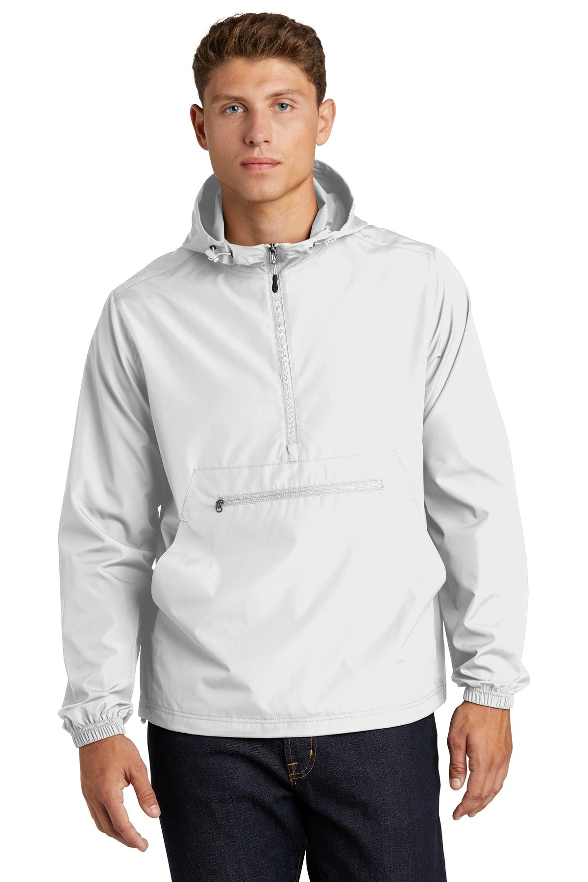 Front View of White Sport-Tek Packable Anorak. JST66