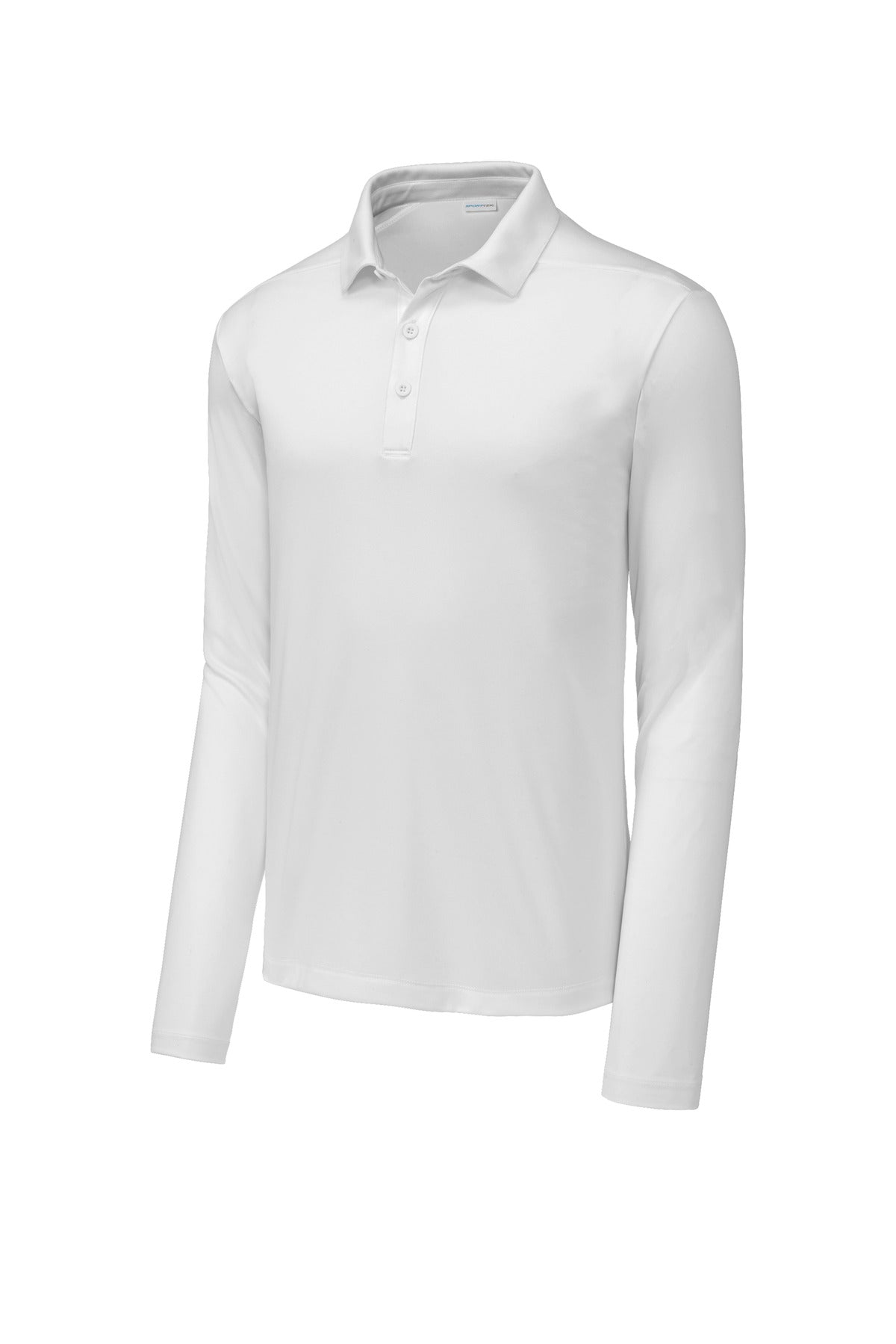 Front View of White Sport-Tek Posi-UV Pro Long Sleeve Polo. ST520LS