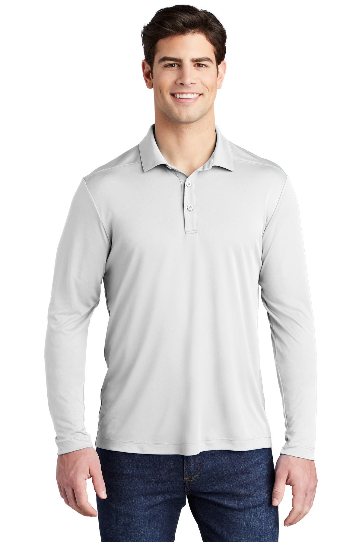 Front View of White Sport-Tek Posi-UV Pro Long Sleeve Polo. ST520LS