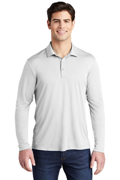 Front View of White Sport-Tek Posi-UV Pro Long Sleeve Polo. ST520LS