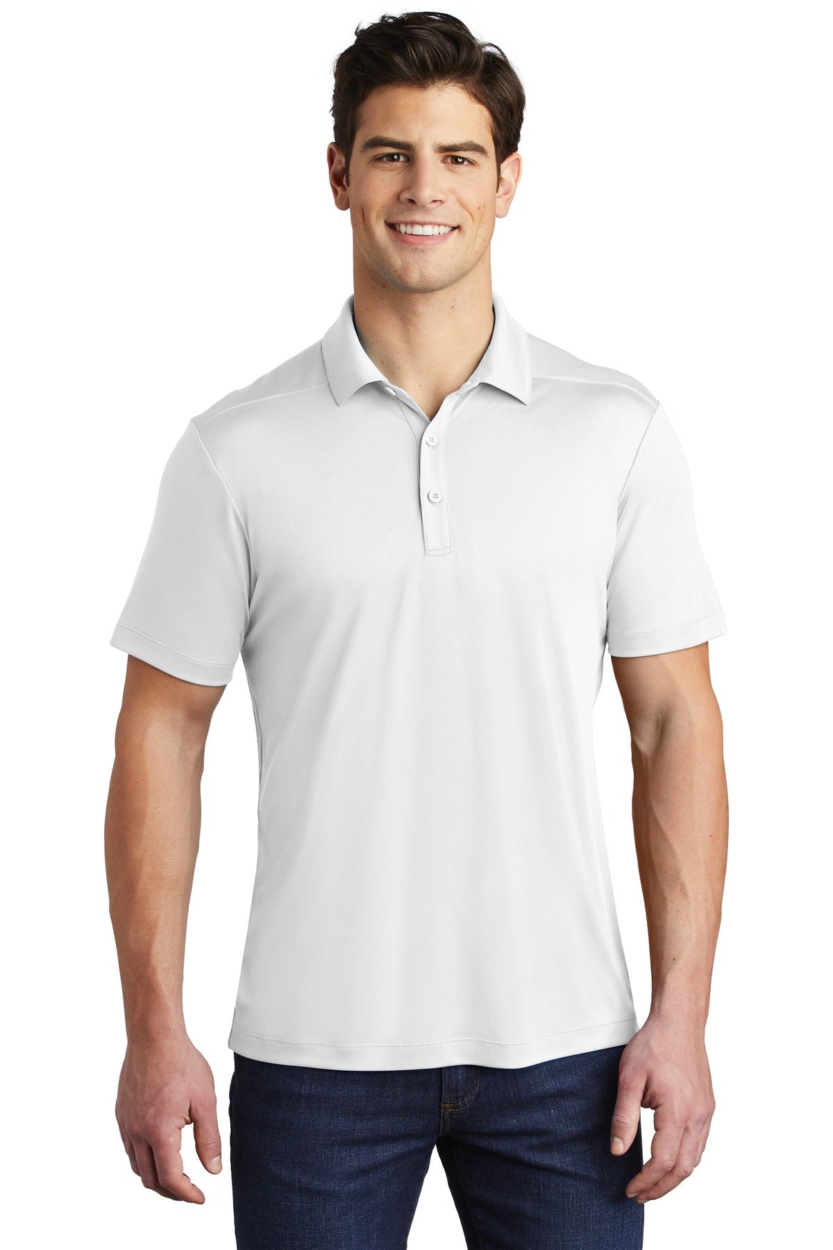 Front View of White Sport-Tek Posi-UV Pro Polo. ST520