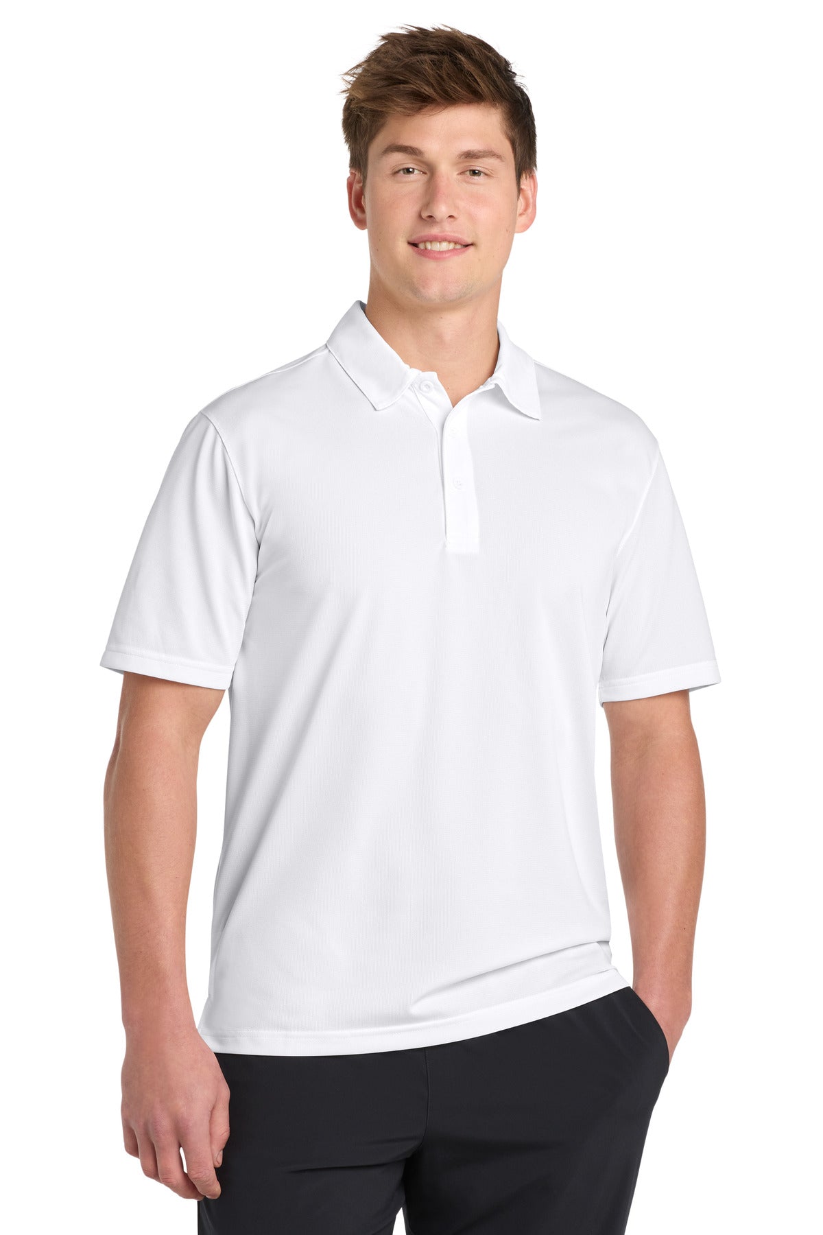 Front View of White Sport-Tek PosiCharge Active Textured Polo. ST690