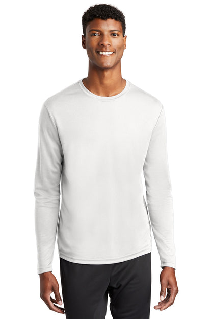 Front View of White Sport-Tek PosiCharge RacerMesh Long Sleeve Tee. ST340LS