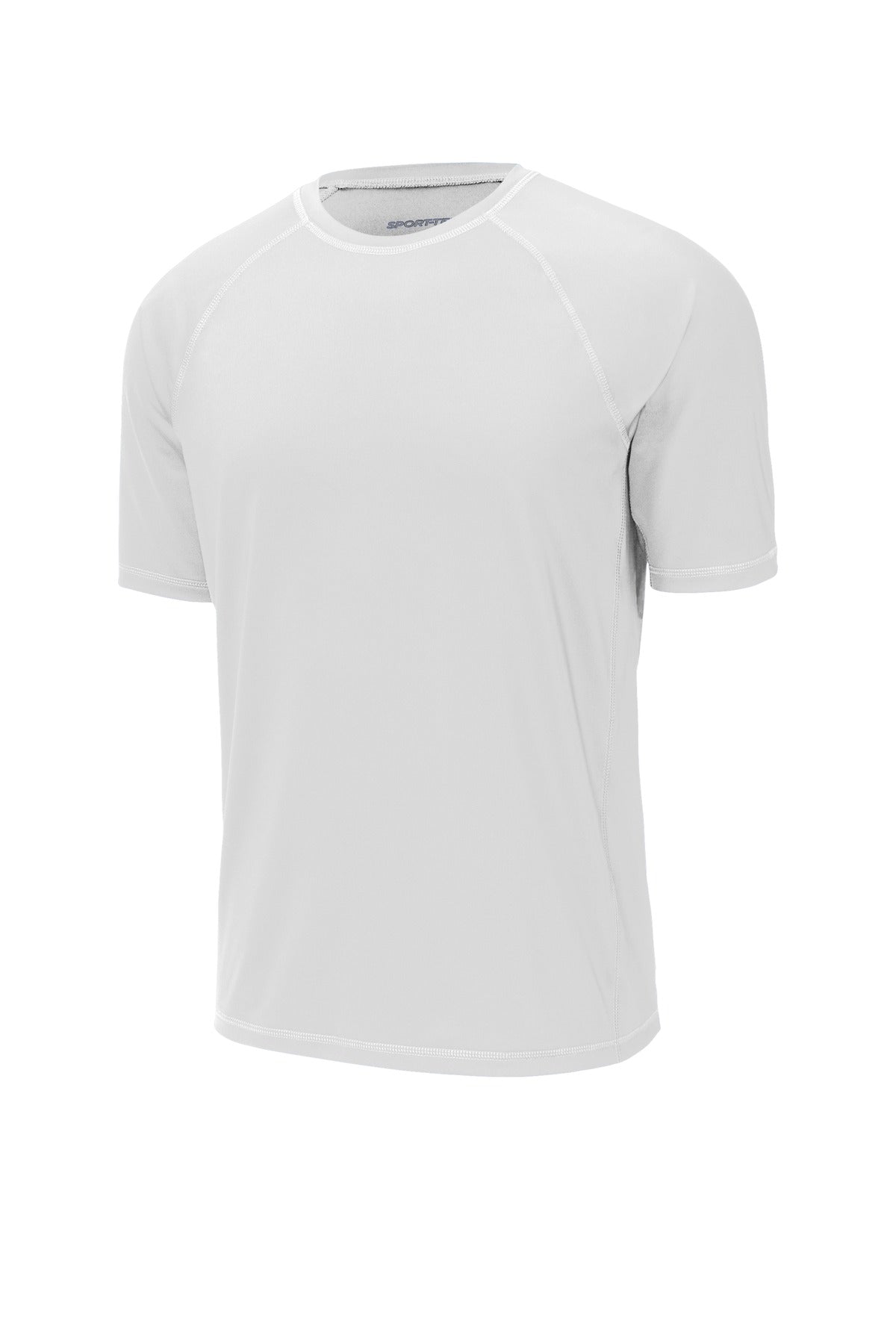 Front View of White Sport-Tek Rashguard Tee. ST470