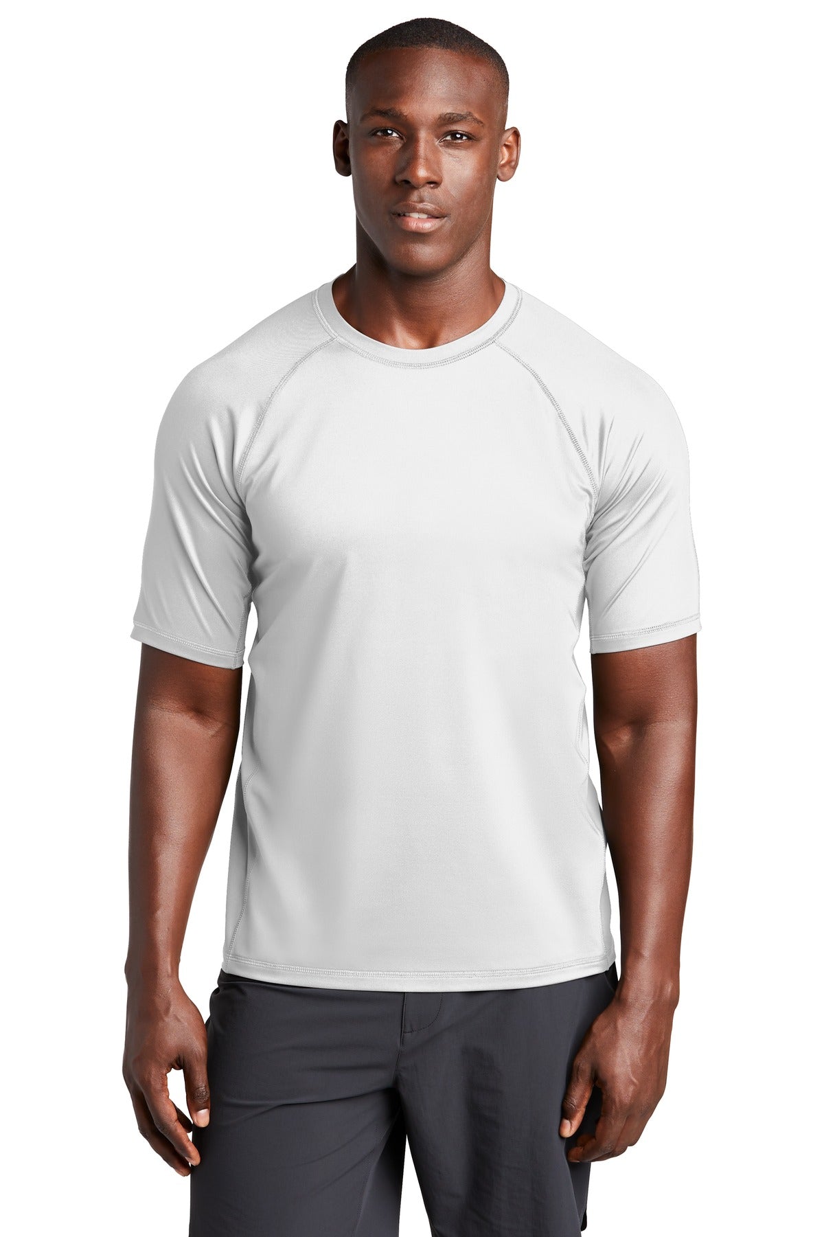 Front View of White Sport-Tek Rashguard Tee. ST470