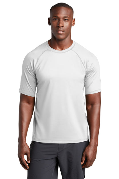 Front View of White Sport-Tek Rashguard Tee. ST470