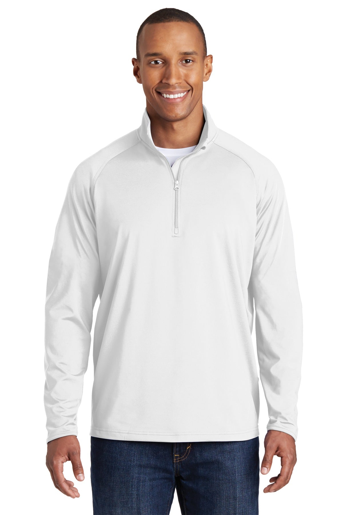 Front View of White Sport-Tek Sport-Wick Stretch 1/4-Zip Pullover. ST850