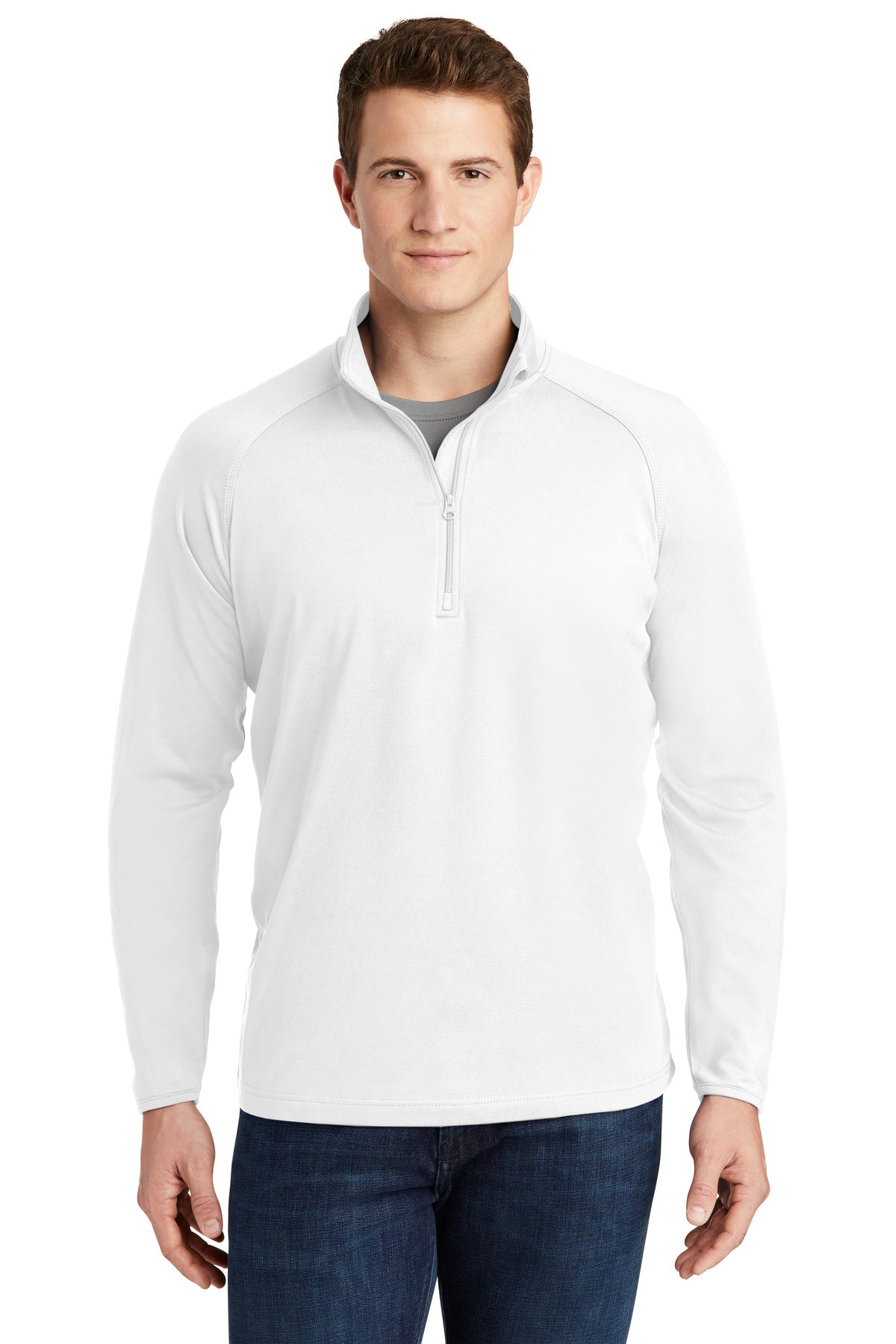 Front View of White Sport-Tek Sport-Wick Stretch 1/4-Zip Pullover. ST850