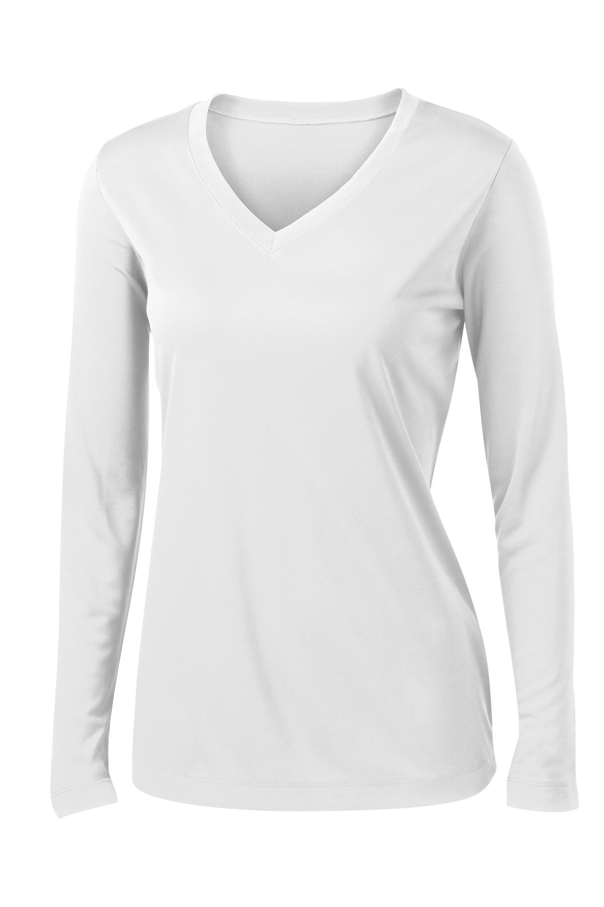 Front View of White Sport-Tek Women's Long Sleeve PosiCharge Competitor V-Neck Tee. LST353LS