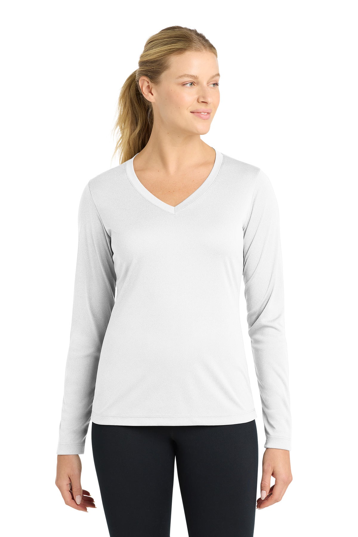 Front View of White Sport-Tek Women's Long Sleeve PosiCharge Competitor V-Neck Tee. LST353LS