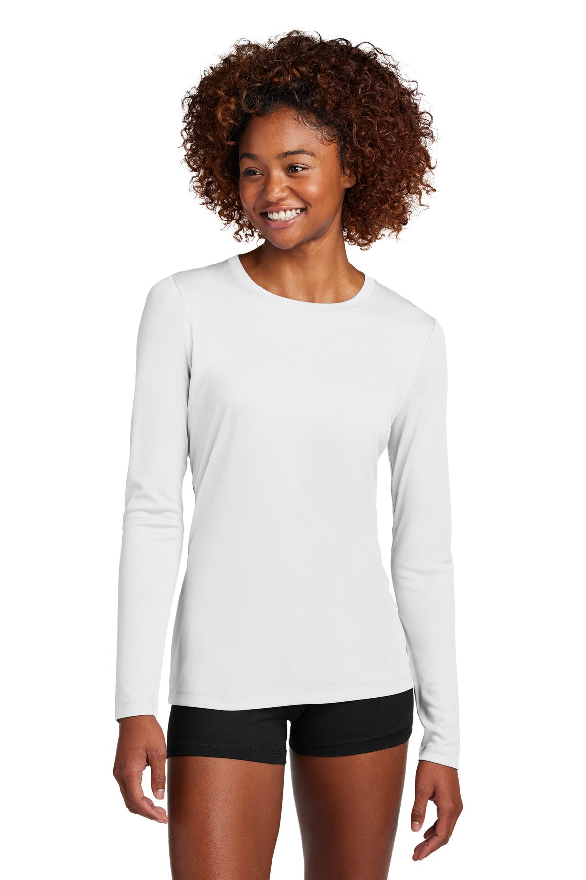 Front View of White Sport-Tek Women's Posi-UV Pro Long Sleeve LST420LS