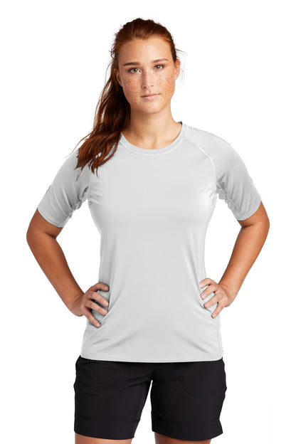 Front View of White Sport-Tek Women's Rashguard Tee. LST470