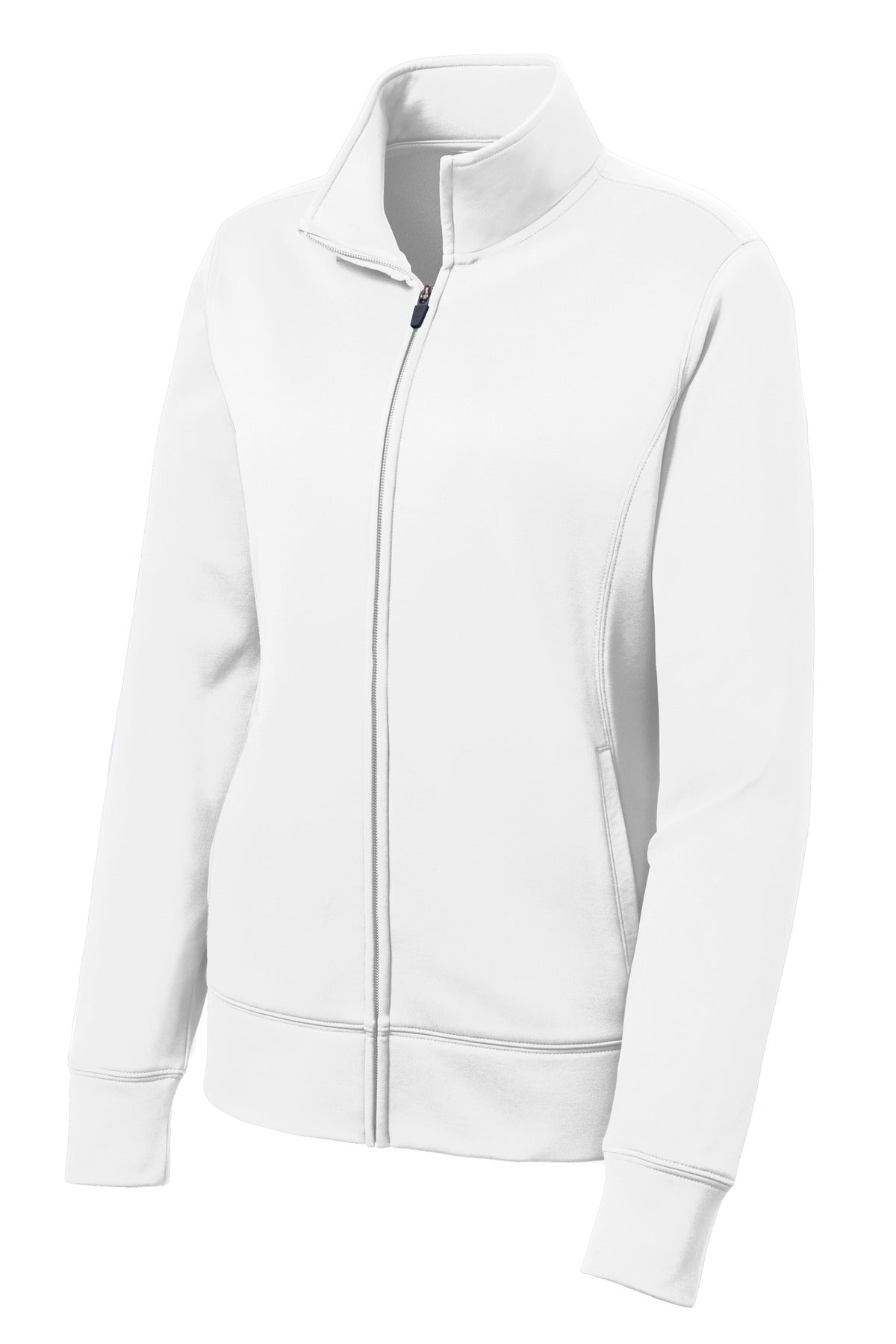 Front View of White Sport-Tek Women's Sport-Wick Fleece Full-Zip Jacket. LST241