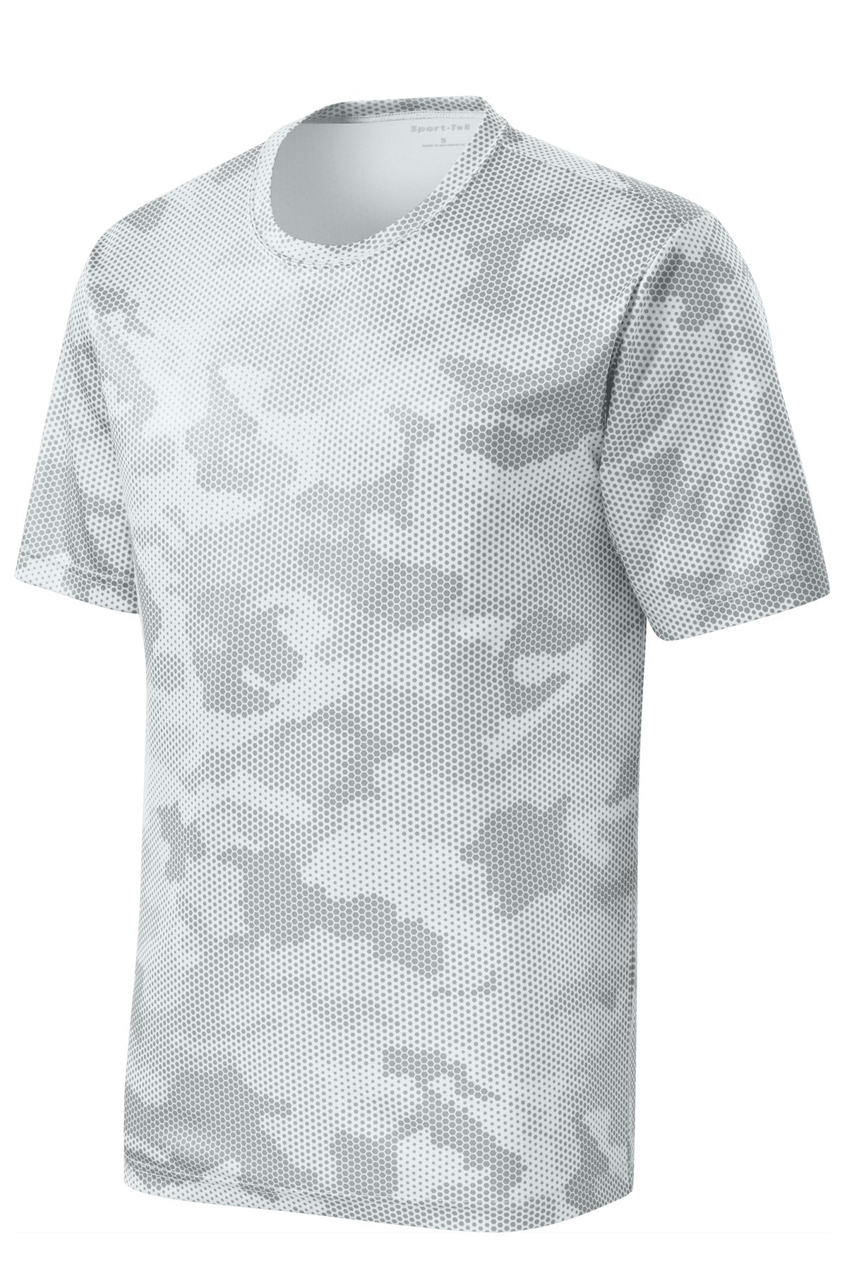 Front View of White Sport-Tek Youth CamoHex Tee. YST370