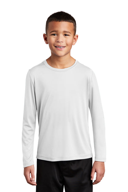 Front View of White Sport-Tek Youth Posi-UV Pro Long Sleeve Tee. YST420LS