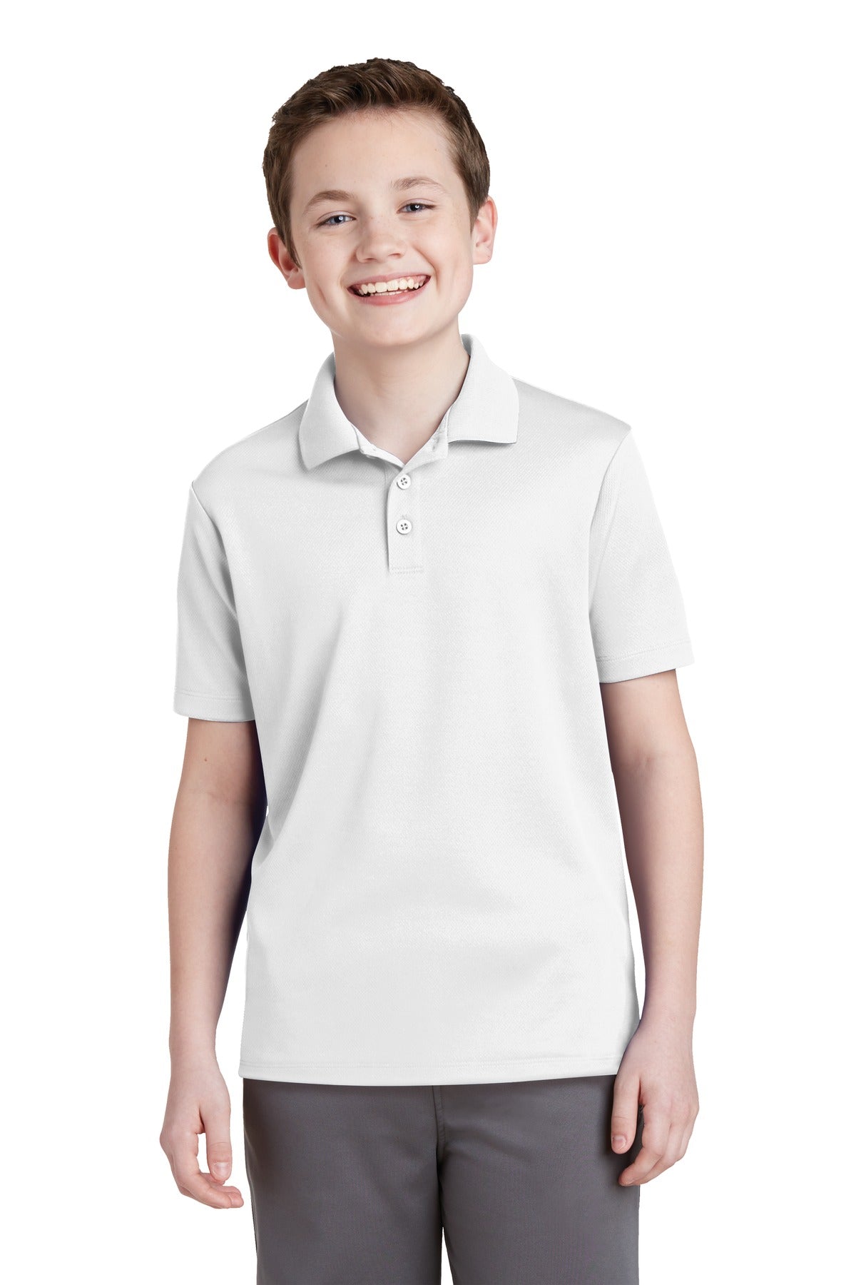 Front View of White Sport-Tek Youth PosiCharge RacerMesh Polo. YST640