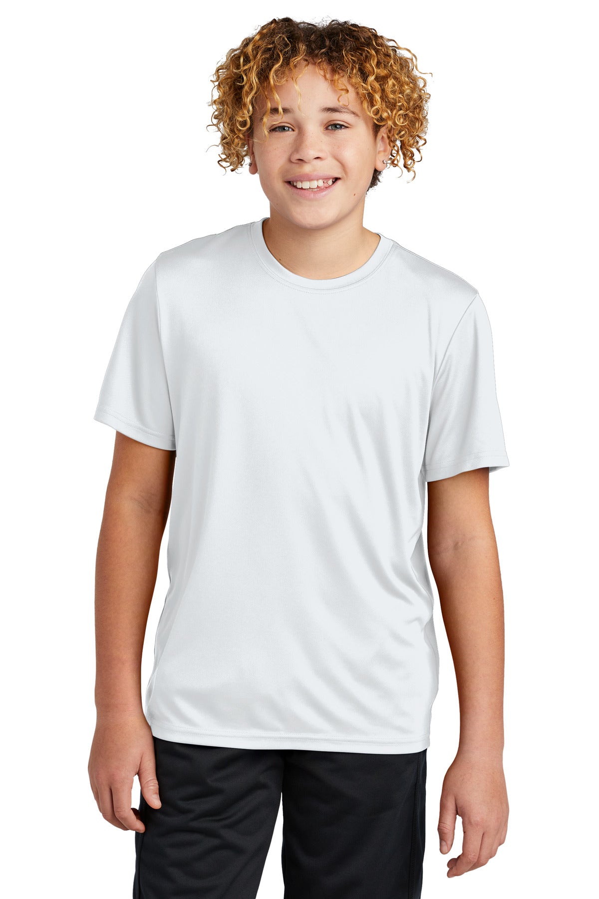 Front View of White Sport-Tek Youth PosiCharge Re-Compete Tee YST720