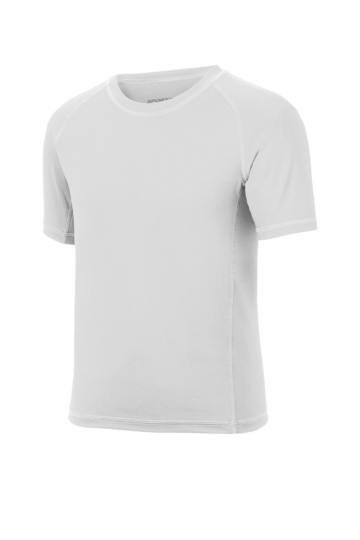Front View of White Sport-Tek Youth Rashguard Tee. YST470