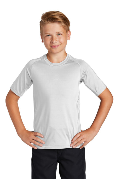 Front View of White Sport-Tek Youth Rashguard Tee. YST470