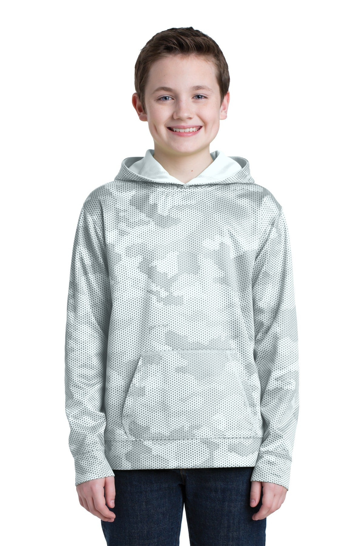 Front View of White Sport-Tek Youth Sport-Wick CamoHex Fleece Hooded Pullover. YST240