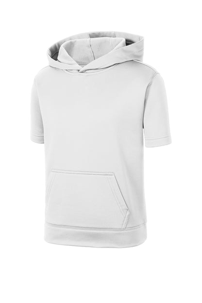 Front View of White Sport-Tek Youth Sport-Wick Fleece Short Sleeve Hooded Pullover. YST251