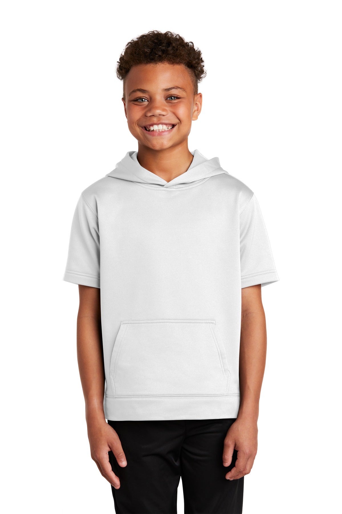 Front View of White Sport-Tek Youth Sport-Wick Fleece Short Sleeve Hooded Pullover. YST251