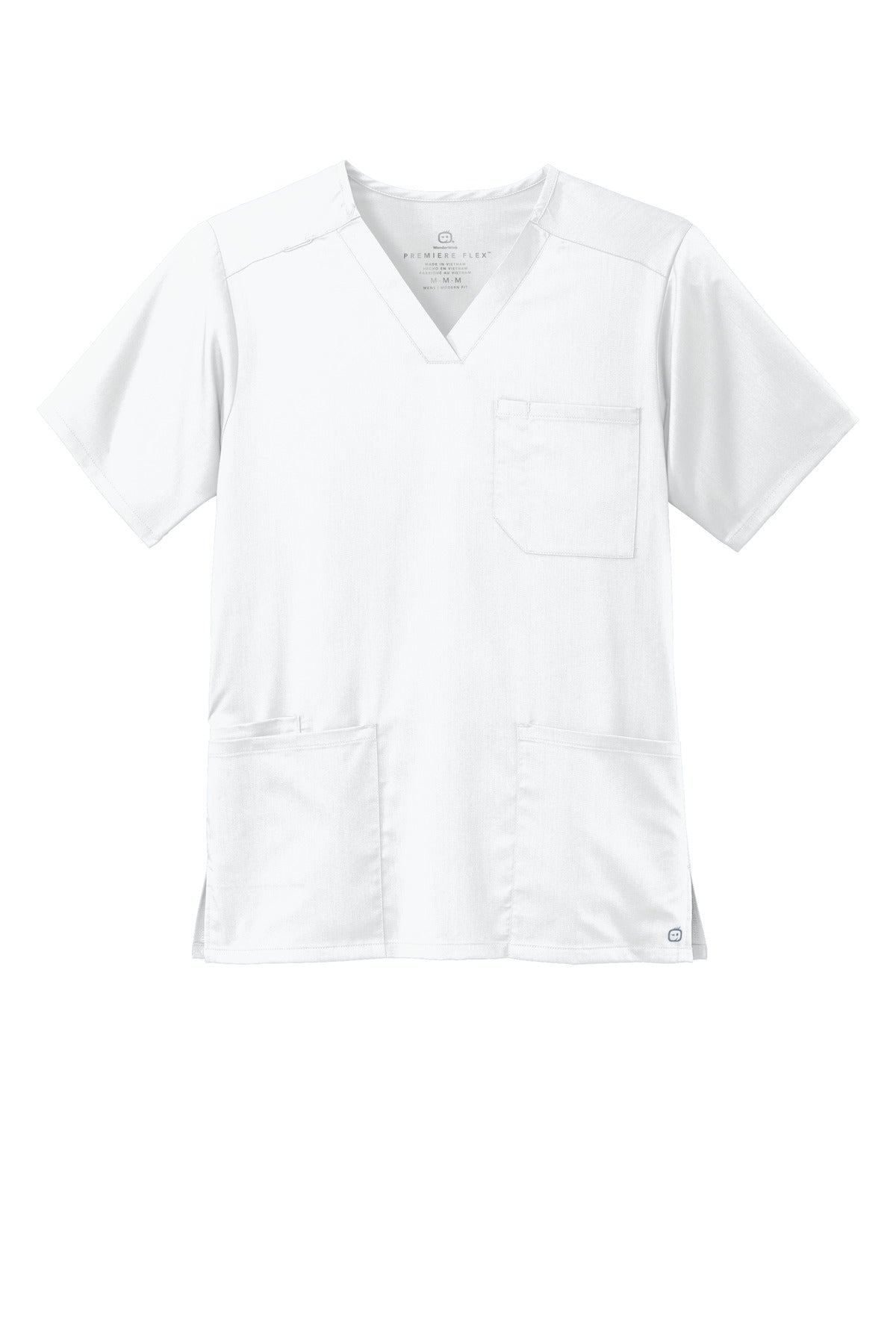 Front View of White Wink Men's Premiere Flex V-Neck Top WW5068