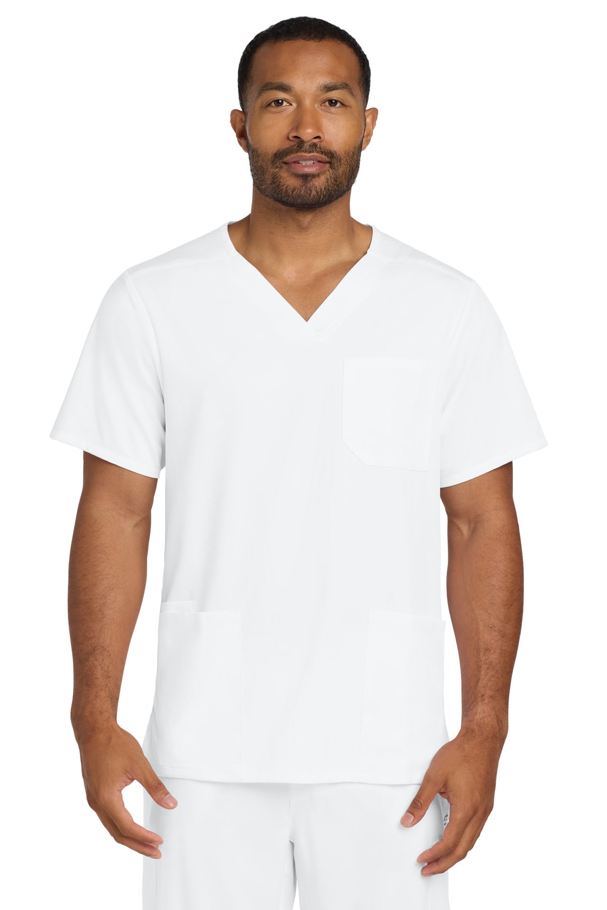 Front View of White Wink Men's Premiere Flex V-Neck Top WW5068
