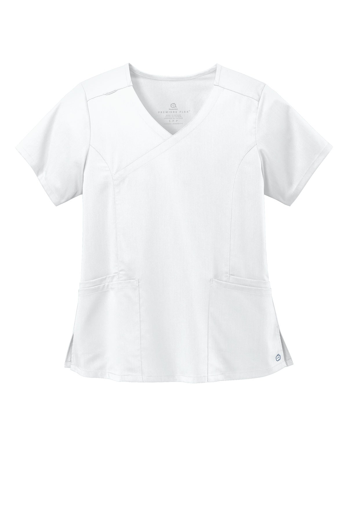 Front View of White Wink Women's Premiere Flex Mock Wrap Top WW4268