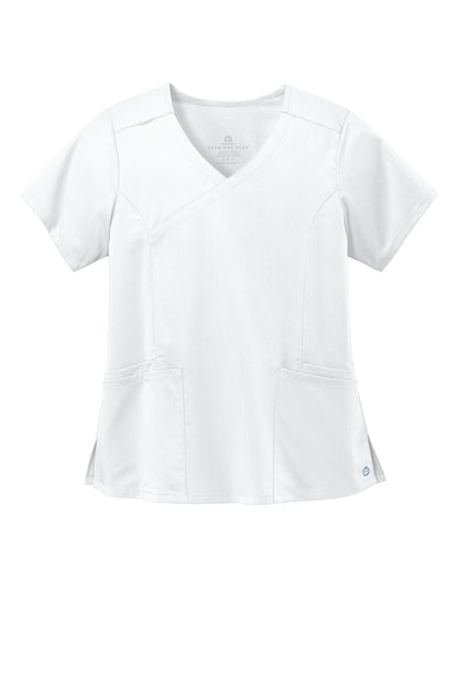 Front View of White Wink Women's Premiere Flex Mock Wrap Top WW4268