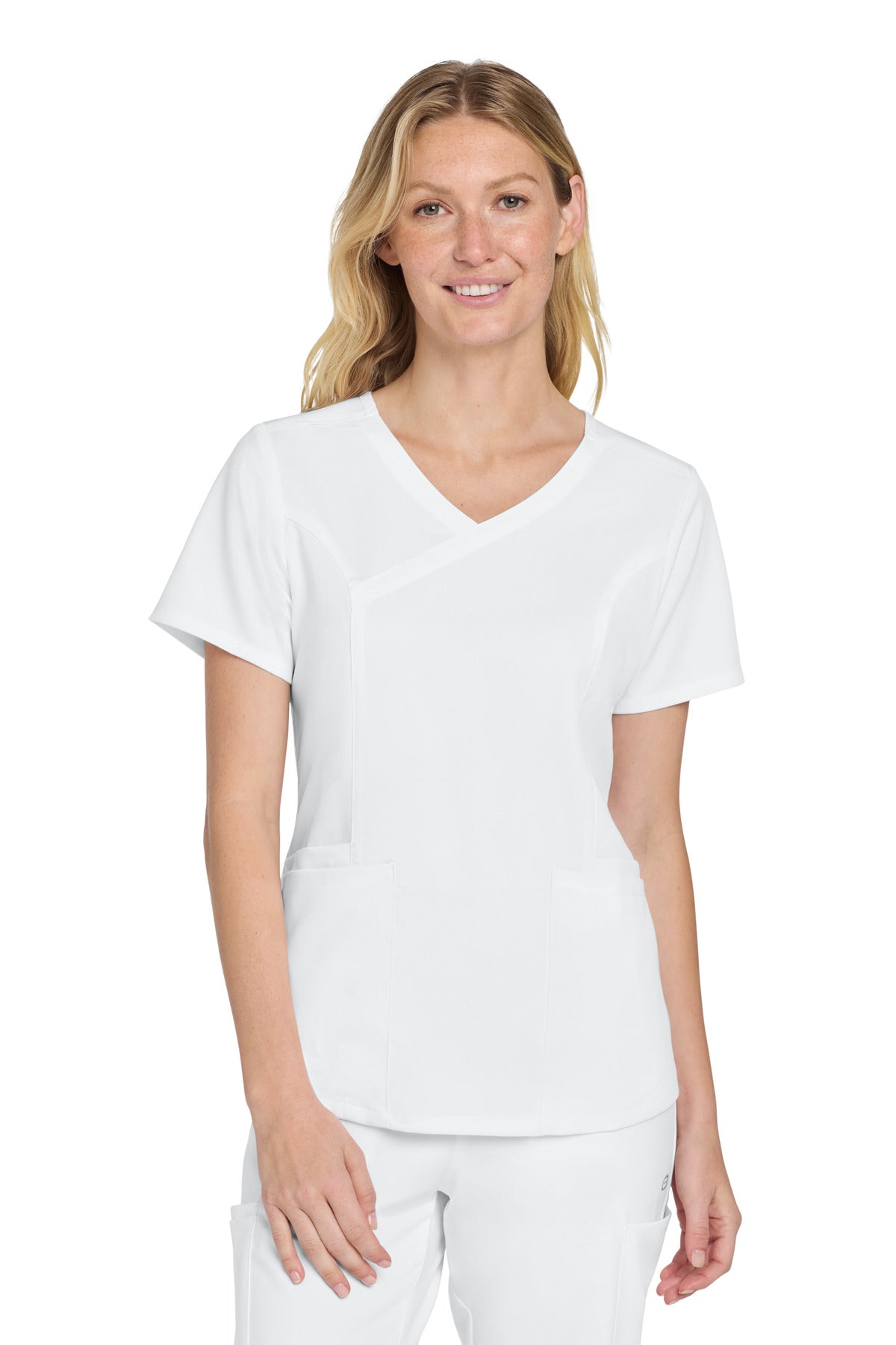 Front View of White Wink Women's Premiere Flex Mock Wrap Top WW4268