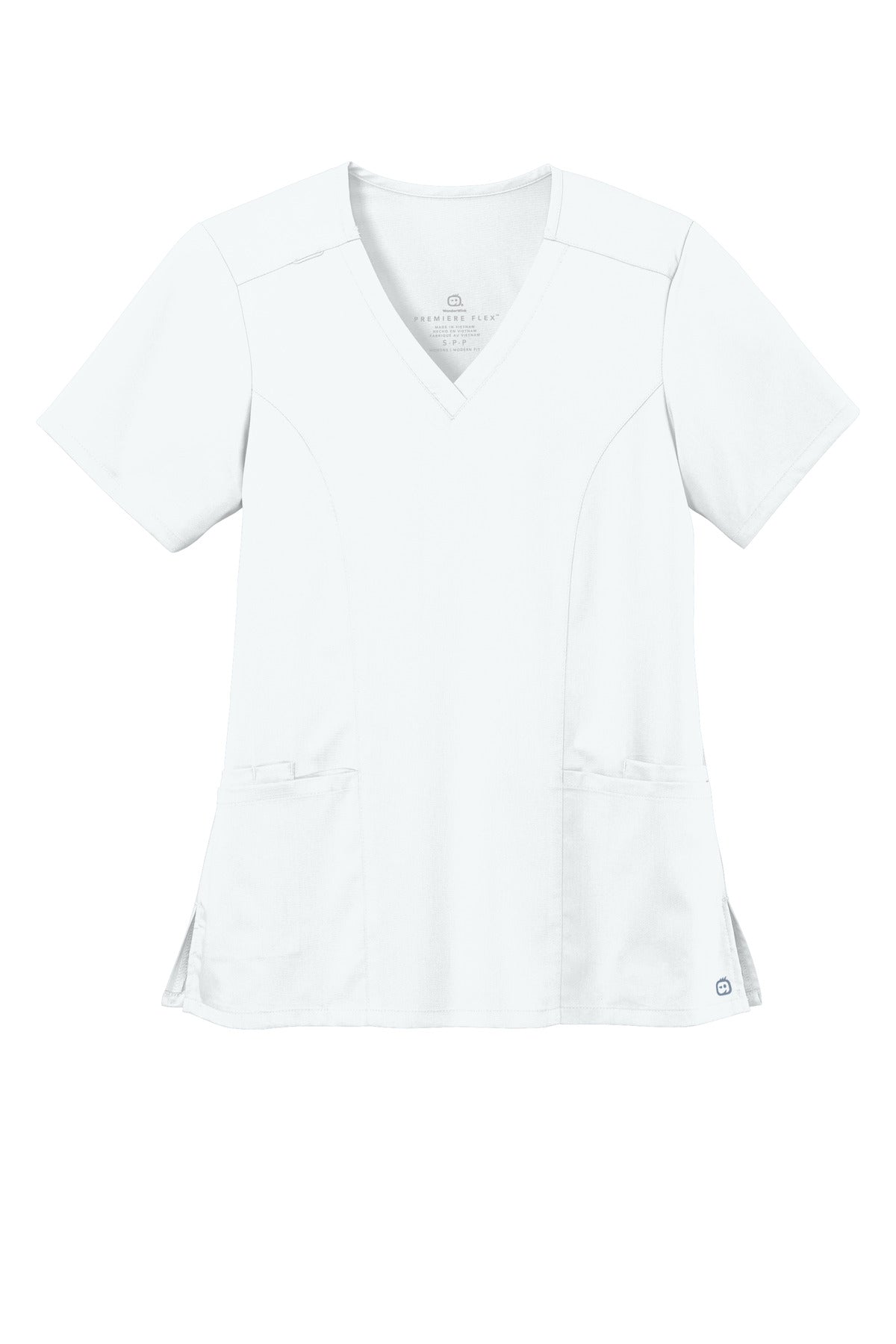Front View of White Wink Women's Premiere Flex V-Neck Top WW4168