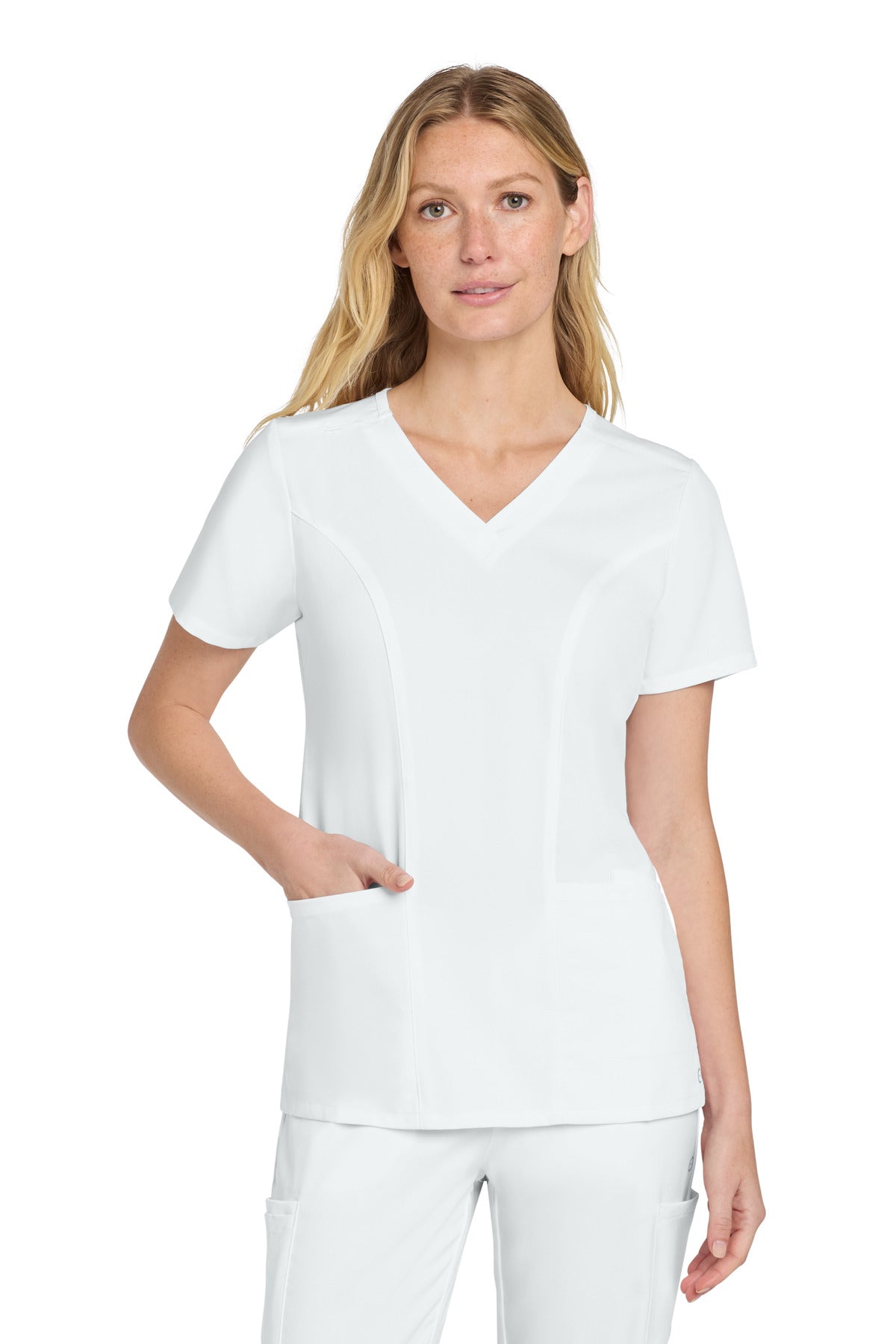 Front View of White Wink Women's Premiere Flex V-Neck Top WW4168