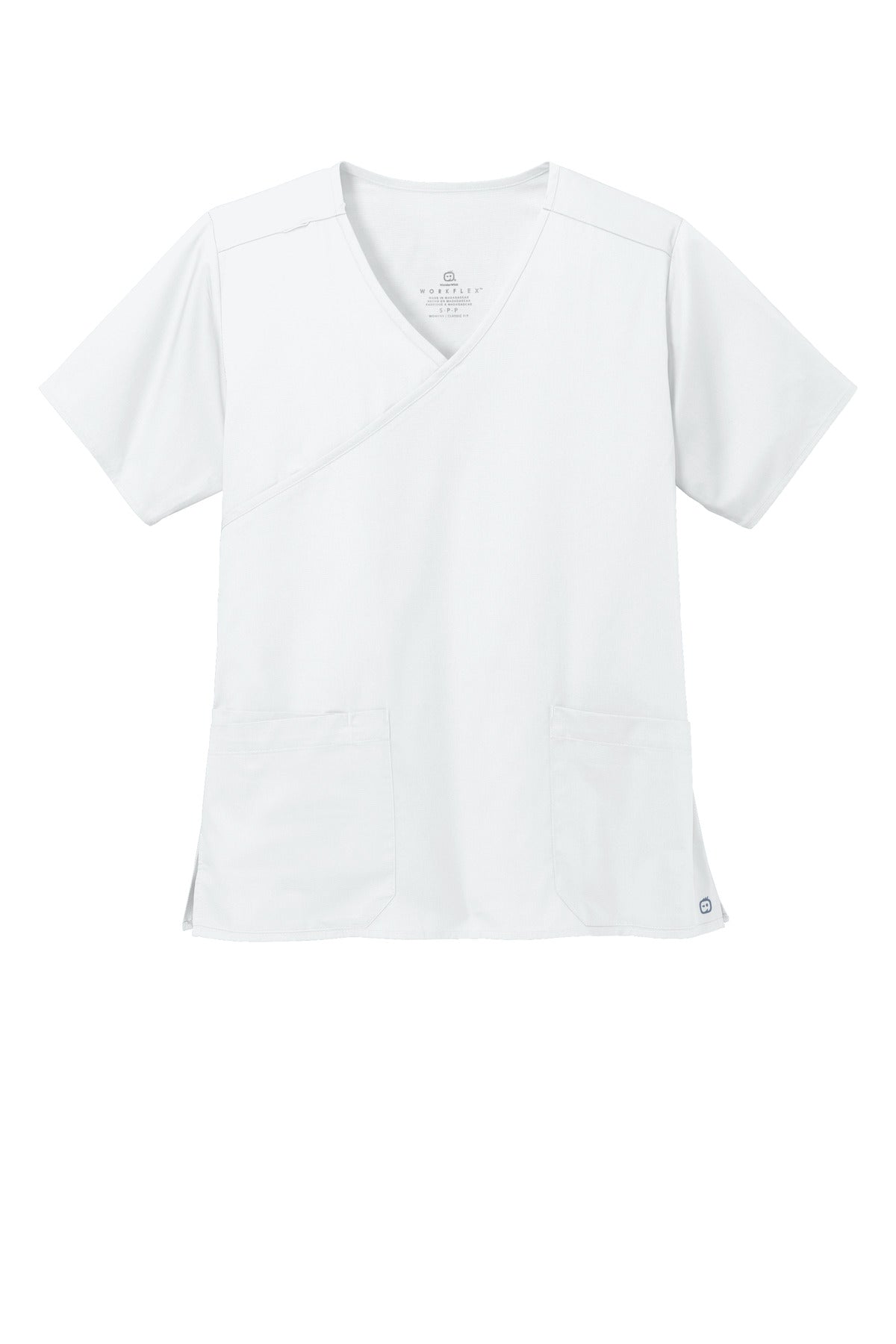 Front View of White Wink Women's WorkFlex Mock Wrap Top WW4760