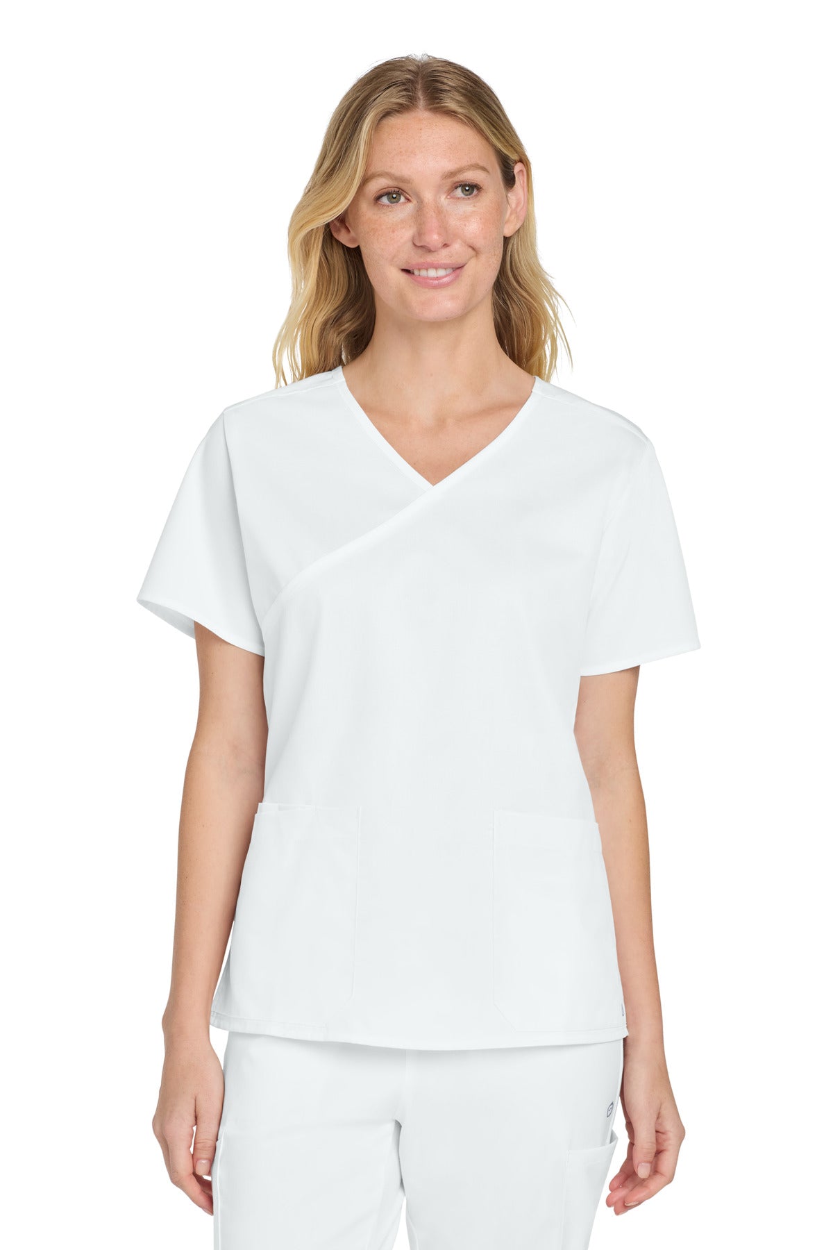 Front View of White Wink Women's WorkFlex Mock Wrap Top WW4760