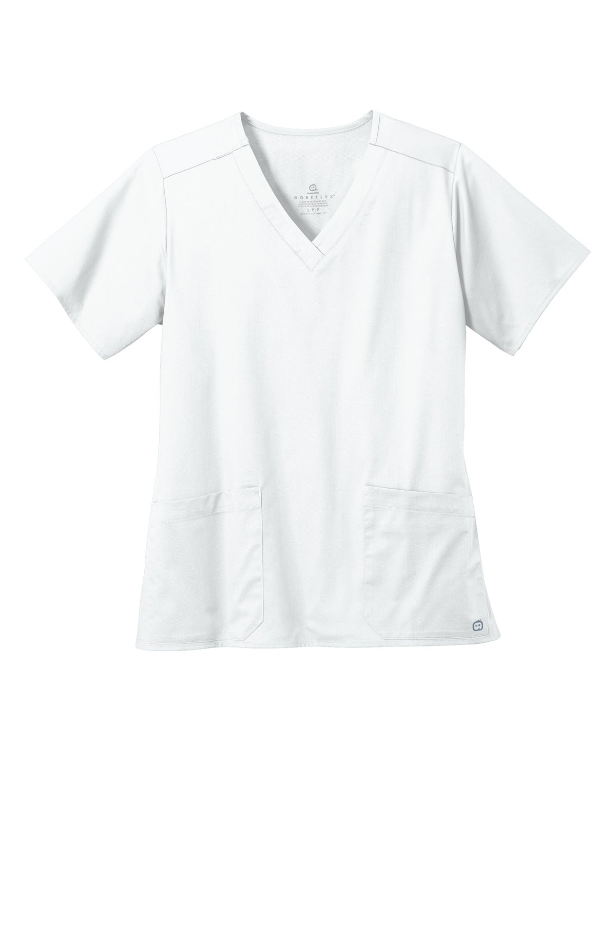 Front View of White Wink Women's WorkFlex V-Neck Top WW4560