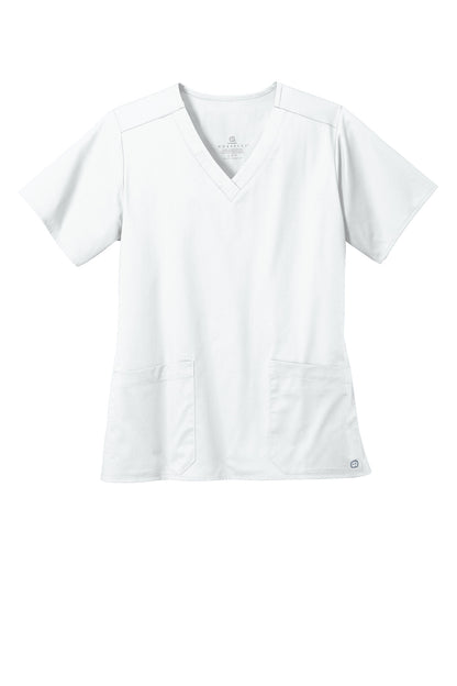 Front View of White Wink Women's WorkFlex V-Neck Top WW4560