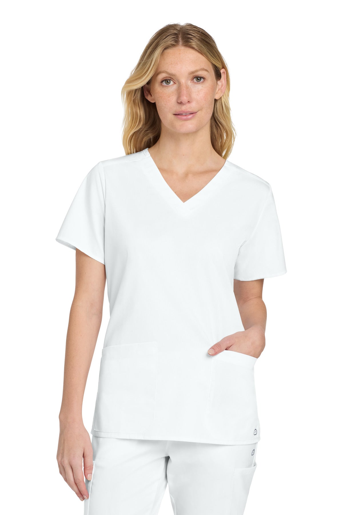 Front View of White Wink Women's WorkFlex V-Neck Top WW4560