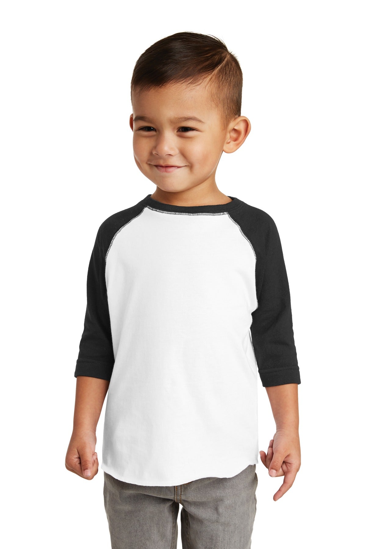 Front View of White/Black DISCONTINUED Rabbit Skins Toddler Baseball Fine Jersey Tee. RS3330