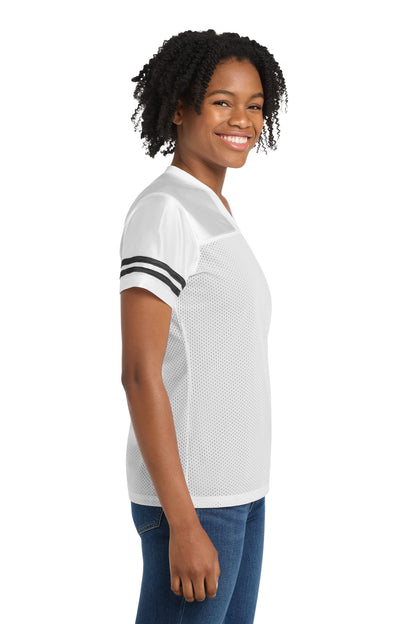 Front View of White/Black Sport-Tek Women's PosiCharge Replica Jersey. LST307