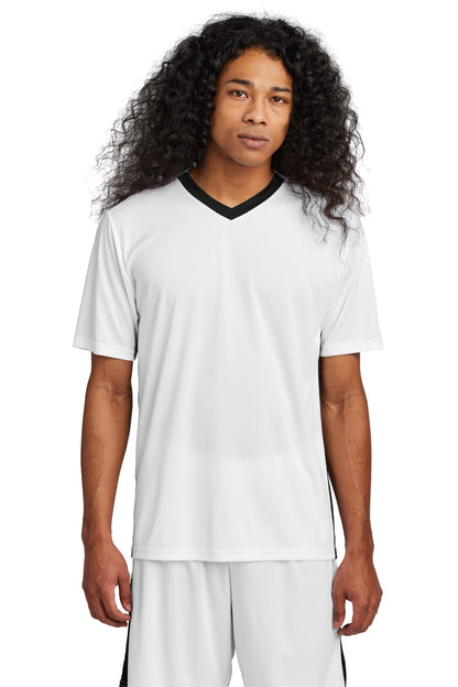 Front View of White/Blk Sport-Tek Competitor United V-Neck ST101