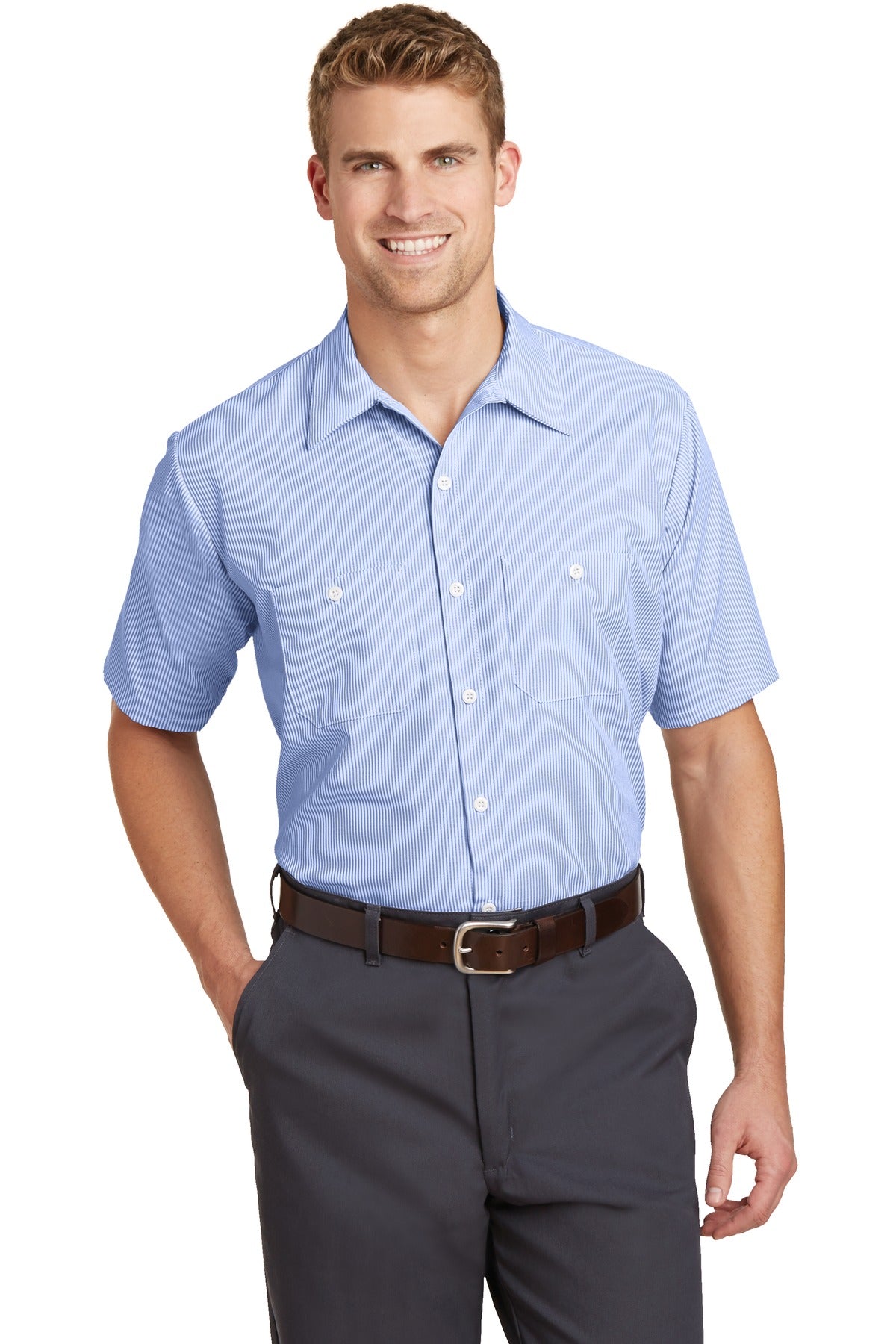 Front View of White/Blue Red Kap Short Sleeve Striped Industrial Work Shirt. CS20