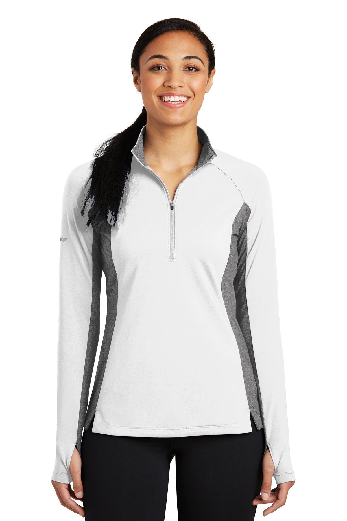 Front View of White/Ch Gy He Sport-Tek Women's Sport-Wick Stretch Contrast 1/4-Zip Pullover. LST854