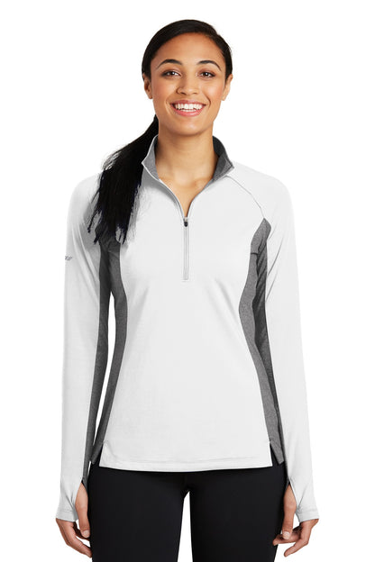 Front View of White/Ch Gy He Sport-Tek Women's Sport-Wick Stretch Contrast 1/4-Zip Pullover. LST854