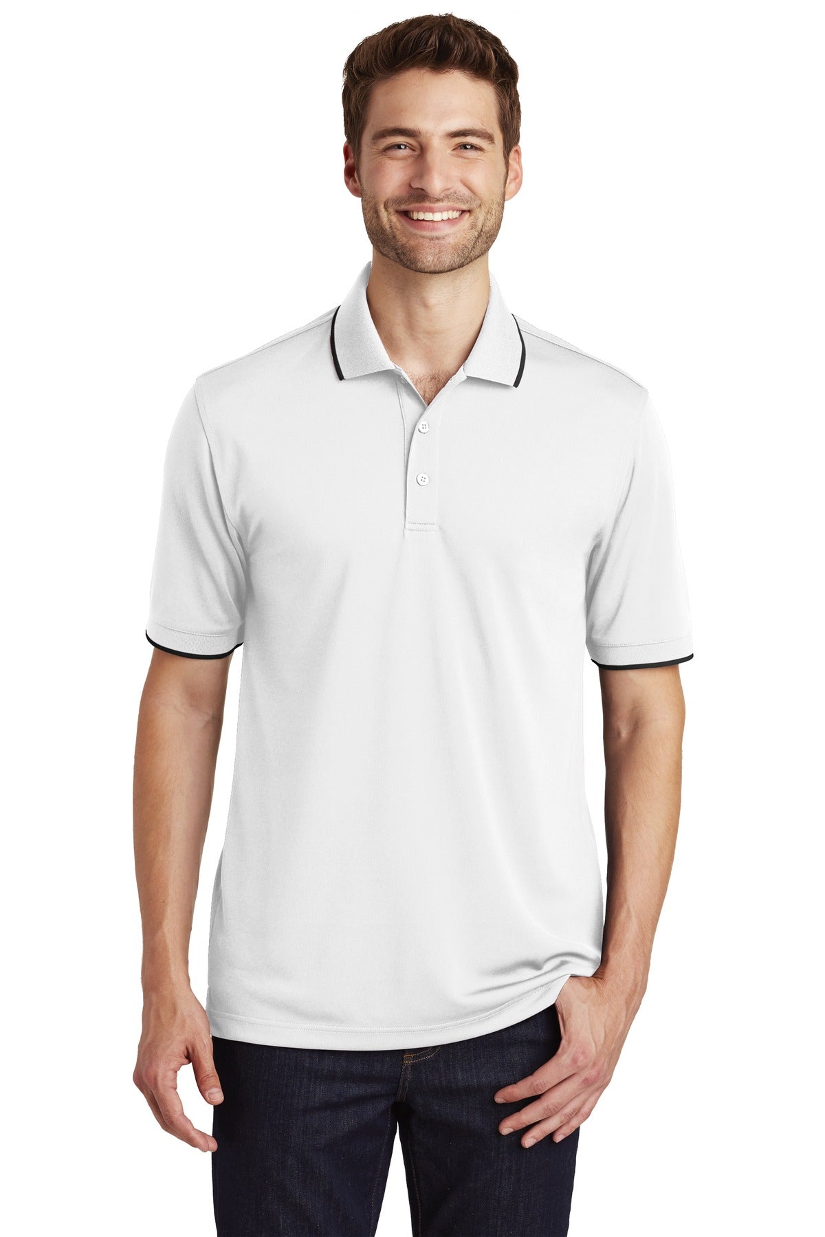 Front View of White/Dp Black Port Authority Dry Zone UV Micro-Mesh Tipped Polo. K111